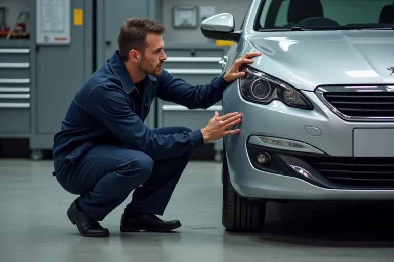 Mécanicien remplaçant un feu diurne sur une Peugeot 308 dans un atelier automobile