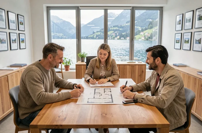 Couple en réunion avec une conseillère immobilière dans une agence à Annecy, avec vue sur le lac en arrière-plan