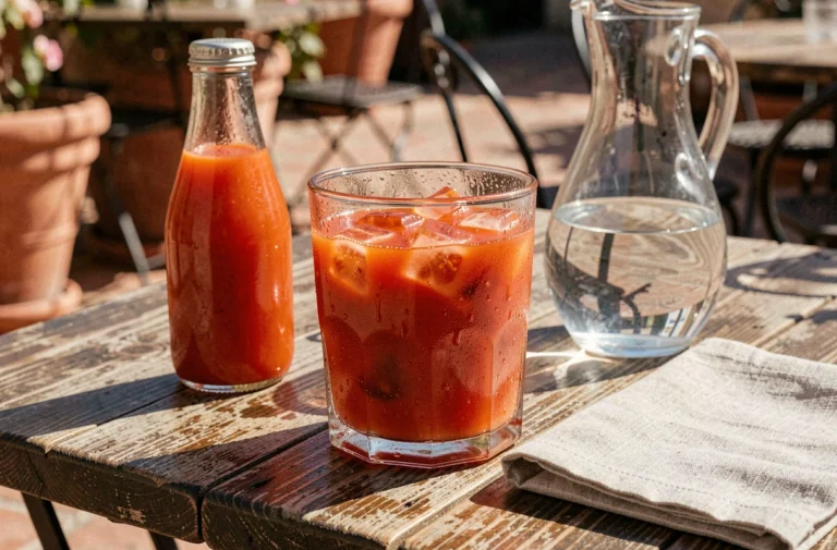 Verre de Ricard tomate avec glaçons posé sur une table en bois rustique sur une terrasse provençale ensoleillée