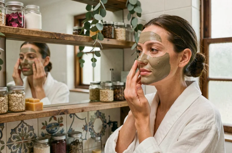Femme appliquant un masque visage naturel à l'argile dans une salle de bain décorée d'ingrédients naturels pour une routine beauté quotidienne
