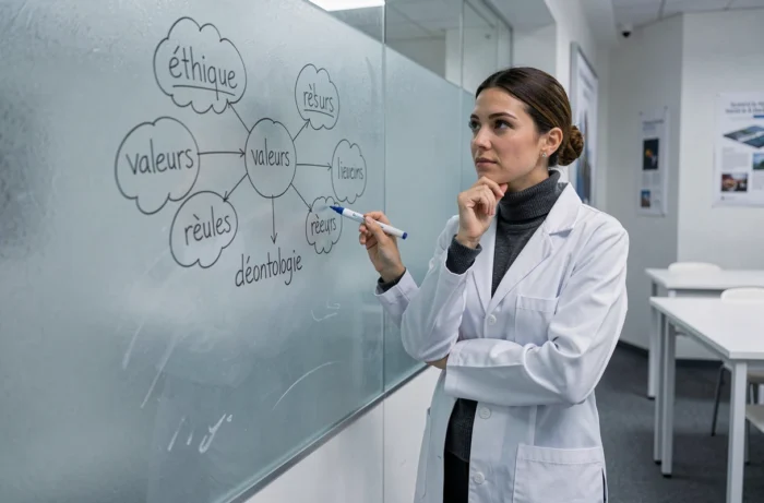 Femme en blouse blanche analysant un schéma conceptuel reliant éthique et déontologie dans une salle de séminaire