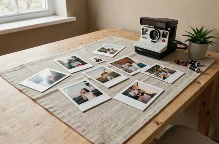 Bureau créatif avec des photos Polaroid étalées, un appareil photo instantané vintage et des cartouches de film posés sur une surface en bois clair