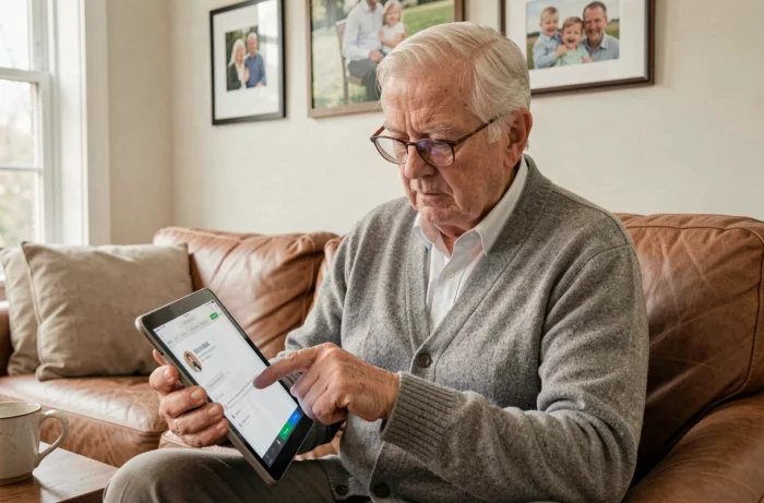 Homme âgé utilisant une tablette pour se connecter à Netsoins depuis son salon