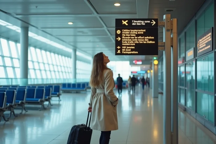 Femme voyageuse cherchant la signalétique de l'espace fumeur dans un terminal d'aéroport