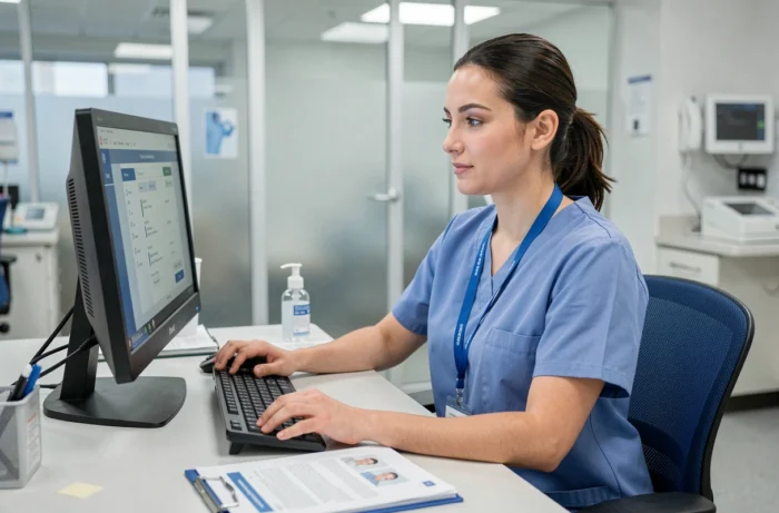Soignante professionnelle se connectant à une plateforme de gestion des soins en ligne dans un bureau médical