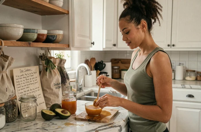 Jeune femme préparant un soin capillaire naturel fait maison avec avocat et miel dans une cuisine authentique pour sa routine beauté