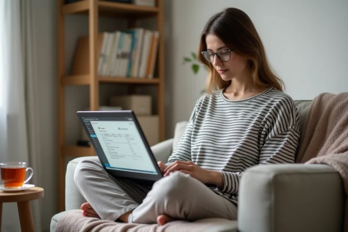 Jeune femme répondant à des sondages rémunérés en ligne sur son ordinateur portable depuis son salon, représentant les plateformes Toluna ou Swagbucks