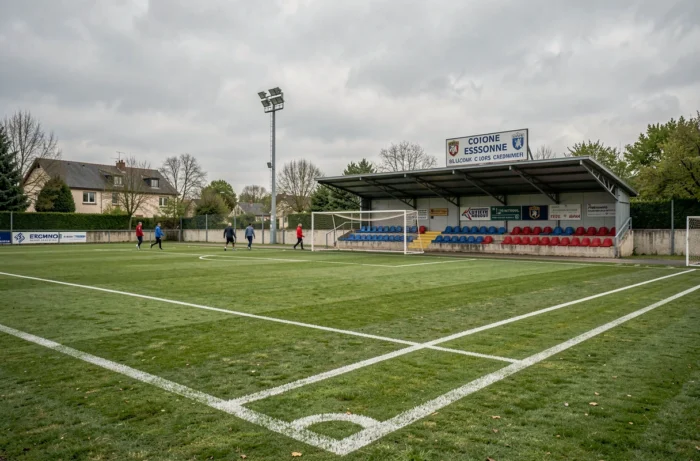 Stade de football régional du district 91 en Essonne avec tribunes et terrain prêt pour un match de championnat