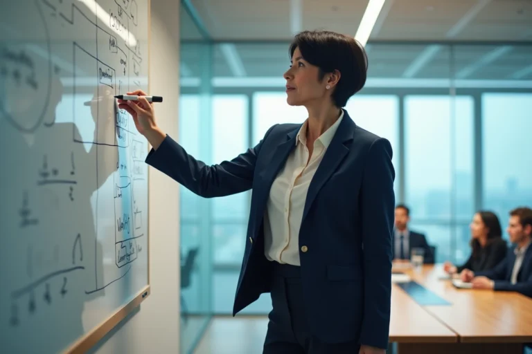 Directrice d'entreprise présentant un cadre stratégique sur un tableau blanc en salle de réunion moderne