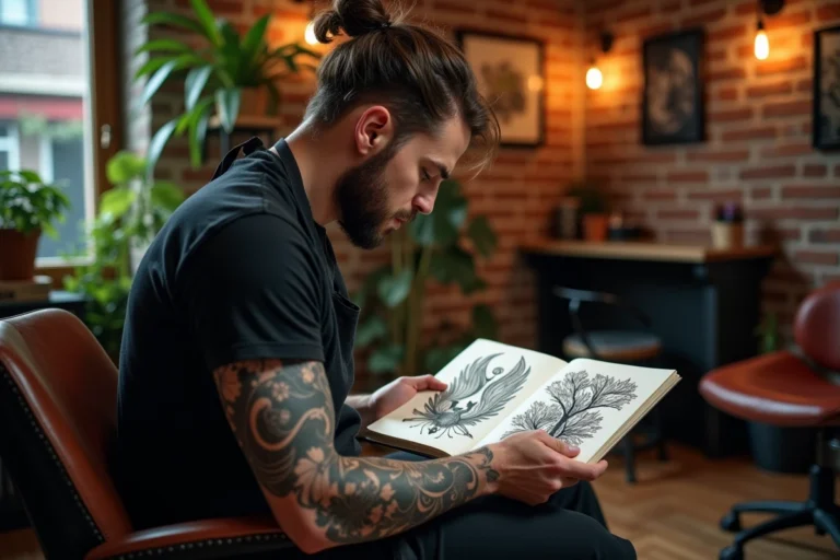 Artiste tatoueur dans son studio examinant des croquis de tatouages symbolisant la vie et le renouveau