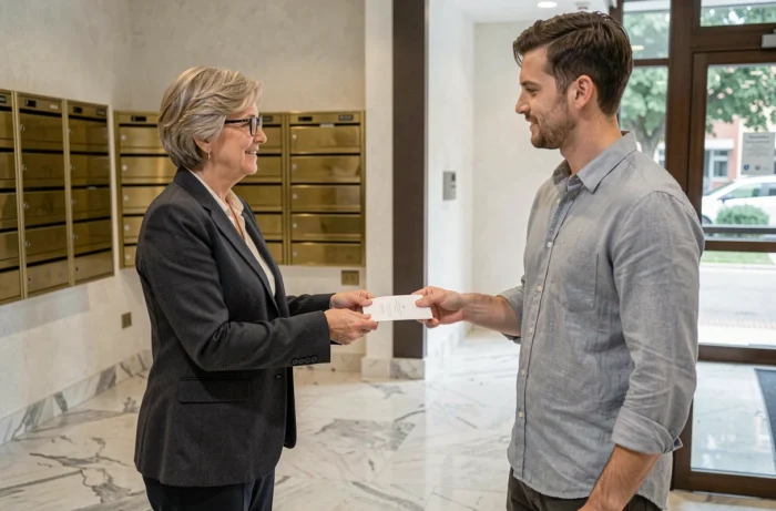 Représentante du syndic remettant le pré-état daté gratuit au vendeur dans le hall d'un immeuble en copropriété