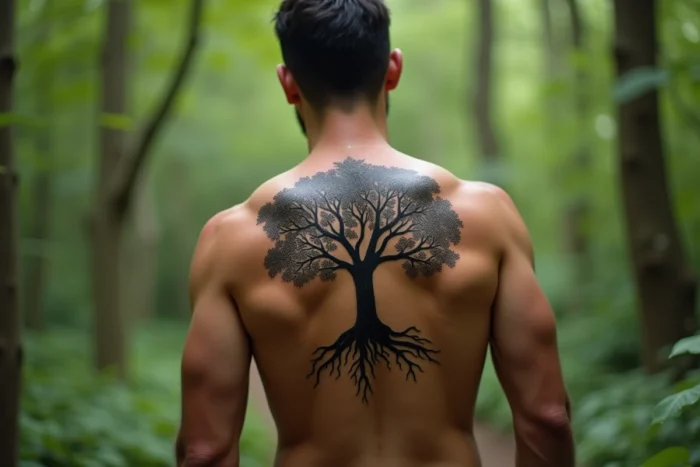 Grand tatouage arbre de vie en dotwork couvrant tout le dos d'un homme debout en extérieur