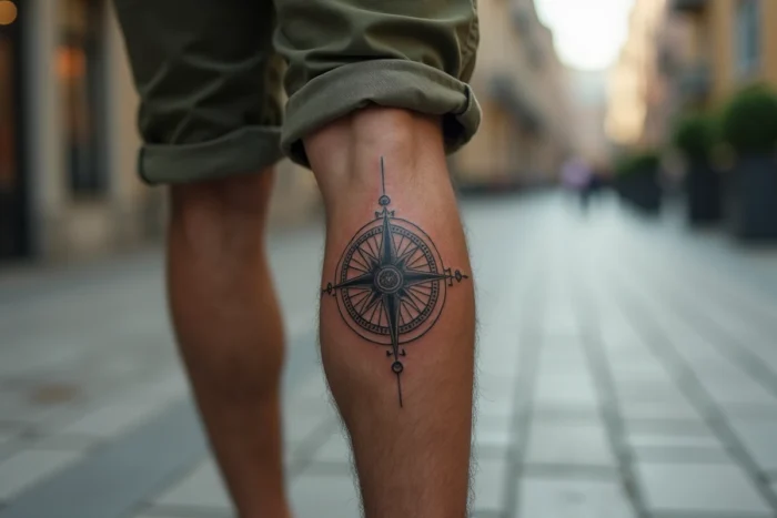 Tatouage de boussole géométrique en noir avec motifs mandala sur le mollet d'un jeune homme