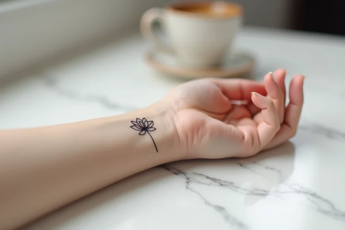 Tatouage minimaliste de fleur de lotus en fineline sur le poignet d'une femme avec une bague dorée