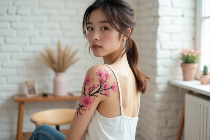 Tatouage fleurs de cerisier en aquarelle aux tons roses sur l'épaule d'une jeune femme