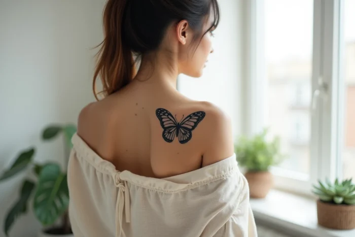 Tatouage papillon réaliste en noir et gris sur l'omoplate d'une femme portant un haut en lin