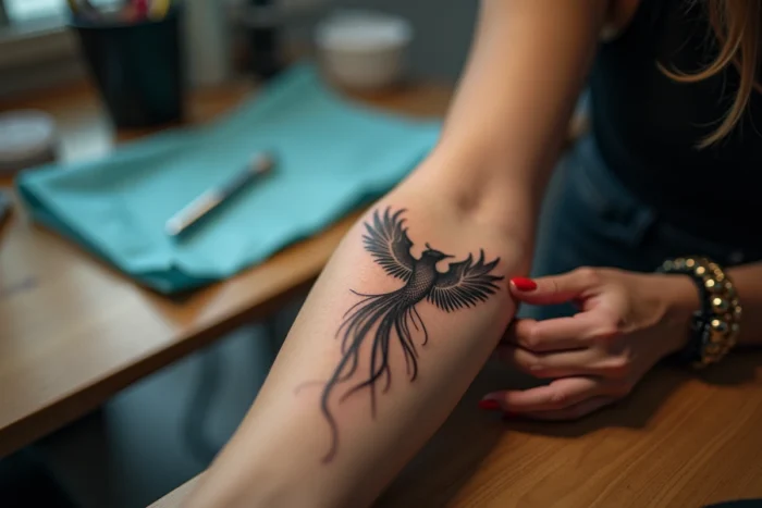 Tatouage fineline d'un phénix sur l'avant-bras d'une jeune femme aux détails en lignes fines