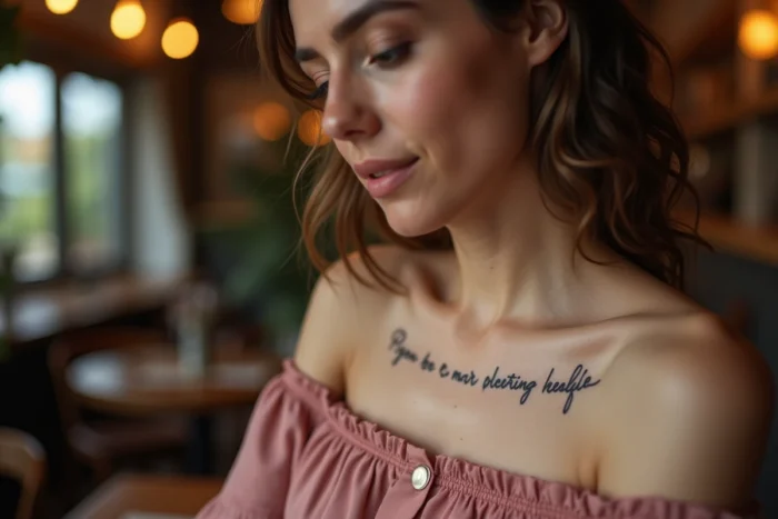 Tatouage de phrase manuscrite personnelle le long de la clavicule d'une femme au décolleté découvert