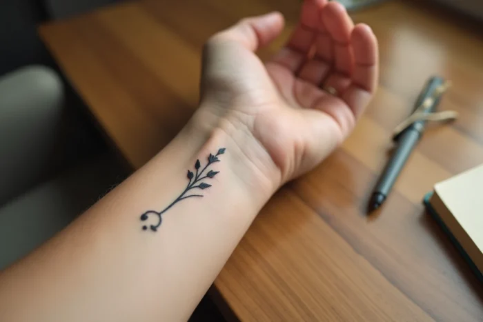 Tatouage semicolon transformé en motif végétal délicat sur l'intérieur du poignet