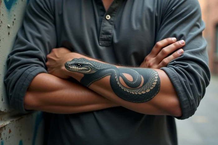 Tatouage de serpent enroulé en noir et gris sur l'avant-bras d'un homme en milieu urbain