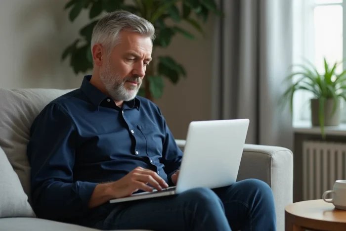 Homme téléchargeant un magazine numérique gratuit sur un ordinateur portable dans un salon moderne