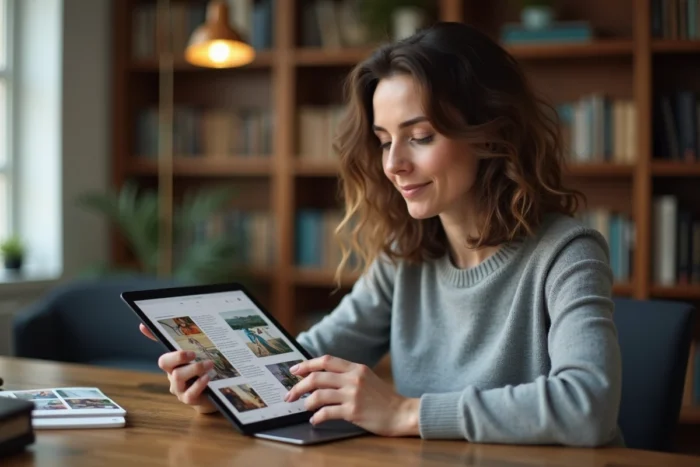 Femme téléchargeant un magazine numérique gratuit sur une tablette dans un bureau à domicile