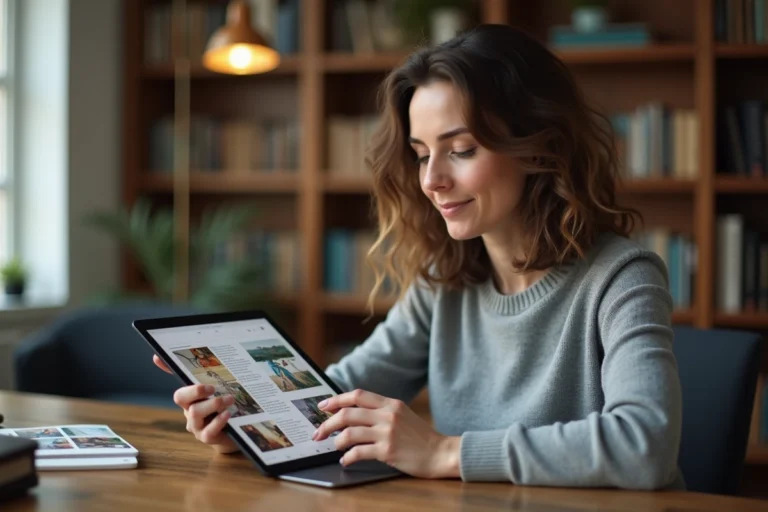 Femme téléchargeant un magazine numérique gratuit sur une tablette dans un bureau à domicile
