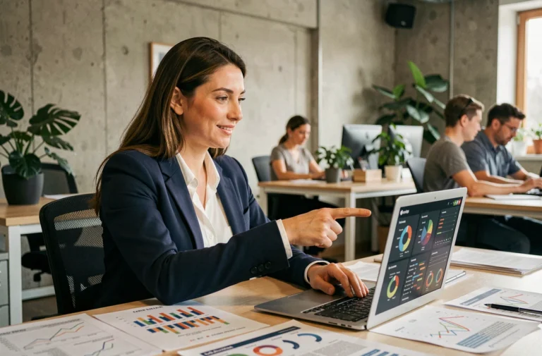 Professionnelle du marketing digital analysant des tableaux de bord analytiques sur un ordinateur portable dans un bureau moderne en 2024