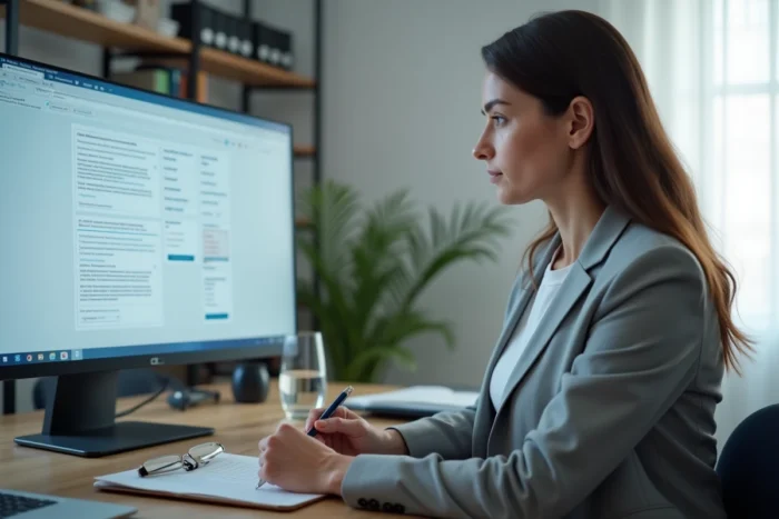 Femme testant une application web et prenant des notes dans un bureau à domicile, représentant les missions de test proposées sur TestingTime