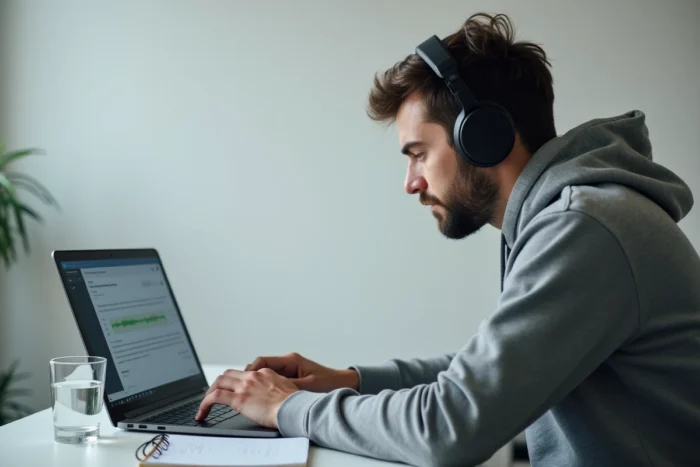Homme transcrivant des fichiers audio sur ordinateur avec un casque, illustrant les plateformes de transcription rémunérée GoTranscript ou Scribie