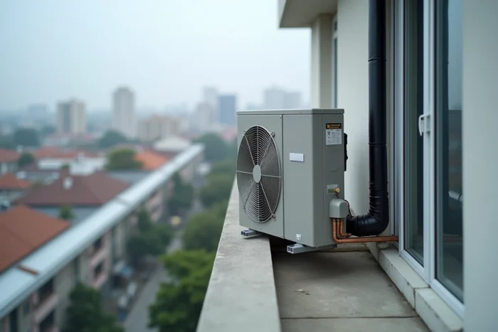 Unité extérieure de climatiseur Elsay installée sur un balcon d'appartement en milieu urbain