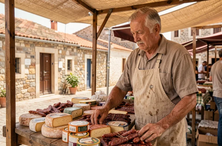 Vendeur sarde âgé disposant des fromages et charcuteries typiques sur un étal de marché en plein air à Porto Torres, Sardaigne