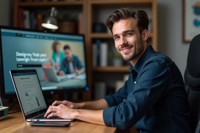 Homme freelance proposant ses compétences sur une plateforme de microservices comme ComeUp, assis à son bureau avec un ordinateur et une tablette graphique