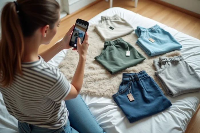 Femme photographiant des vêtements de seconde main pour les vendre sur Vinted ou Leboncoin, dans une chambre bien rangée avec des articles posés sur un drap blanc