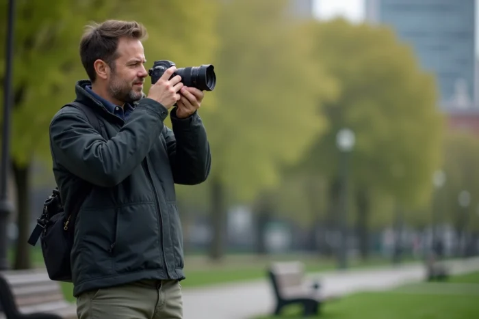 Photographe amateur en extérieur dans un parc urbain capturant des images à vendre sur des plateformes comme Shutterstock ou Adobe Stock