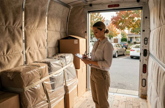 Femme vérifiant une liste dans un camion de déménagement rempli de cartons et de meubles emballés