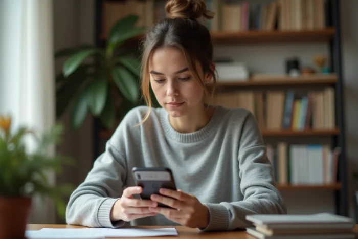 Jeune femme consultant les demandes d'abonnement Instagram sur son smartphone à son bureau à domicile
