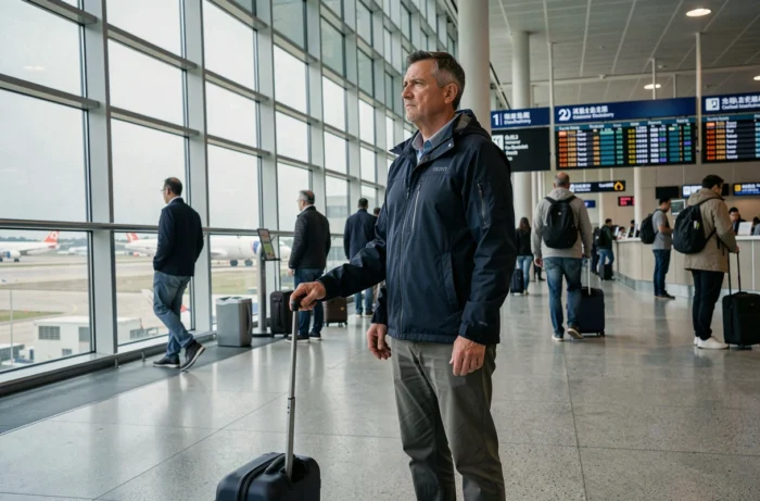 Voyageur homme debout dans un terminal d'aéroport international consultant les départs de vols