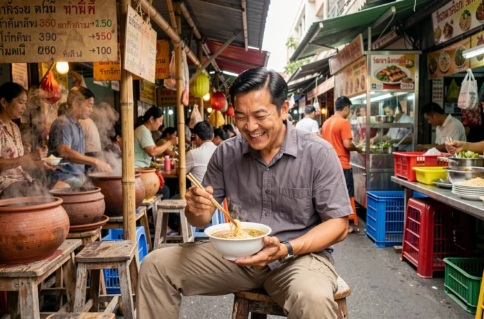 Voyageur dégustant des nouilles dans un marché de rue animé à Bangkok en Thaïlande