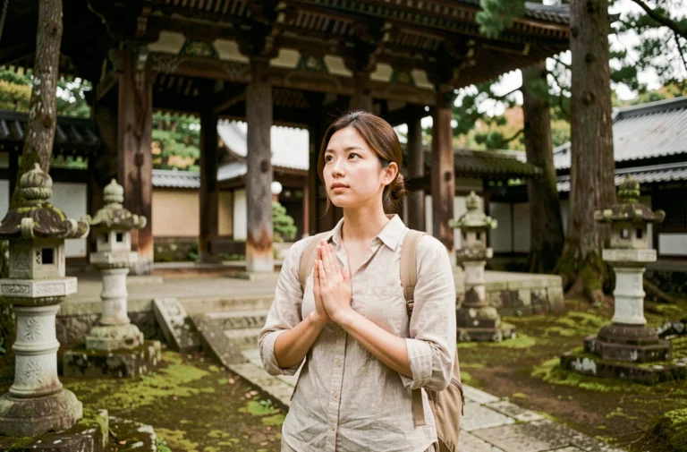 Voyageuse devant un temple bouddhiste à Kyoto au Japon lors d'un voyage en Asie