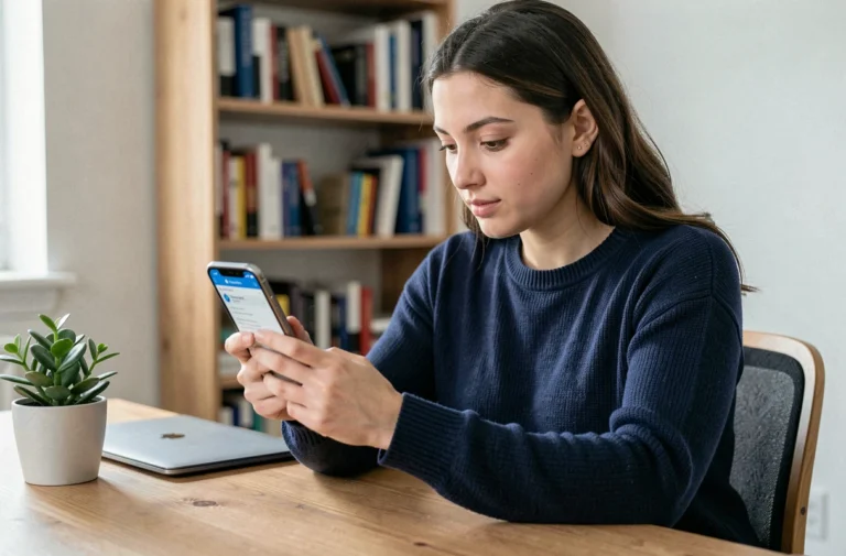 Jeune femme consultant le webmail académique de Nantes sur iPhone depuis son bureau à domicile