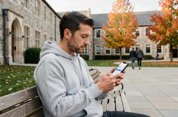 Homme utilisant un smartphone Android pour accéder au webmail de l'académie de Nantes en extérieur sur un campus universitaire