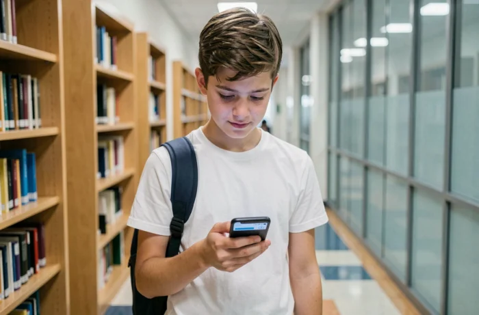 Étudiant consultant le webmail académique de Nantes sur Android dans le couloir d'une bibliothèque scolaire